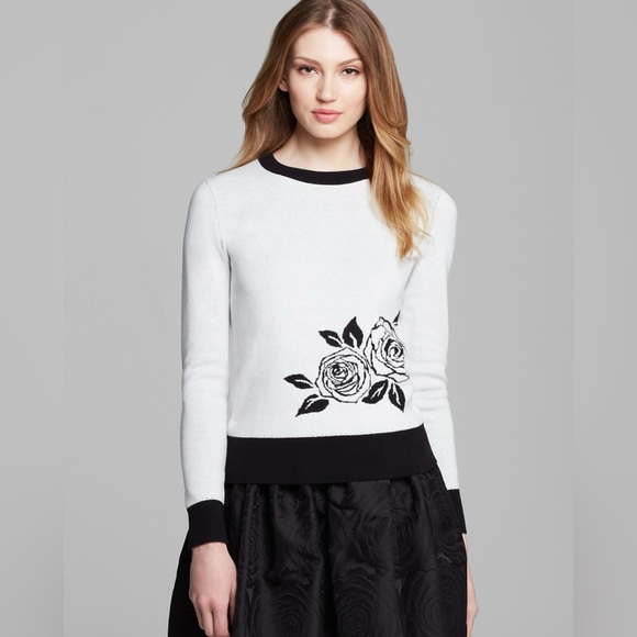 Kate Spade New York Rose Floral Black & White Soft Cashmere Blend Knit Sweater - Picture 1 of 7